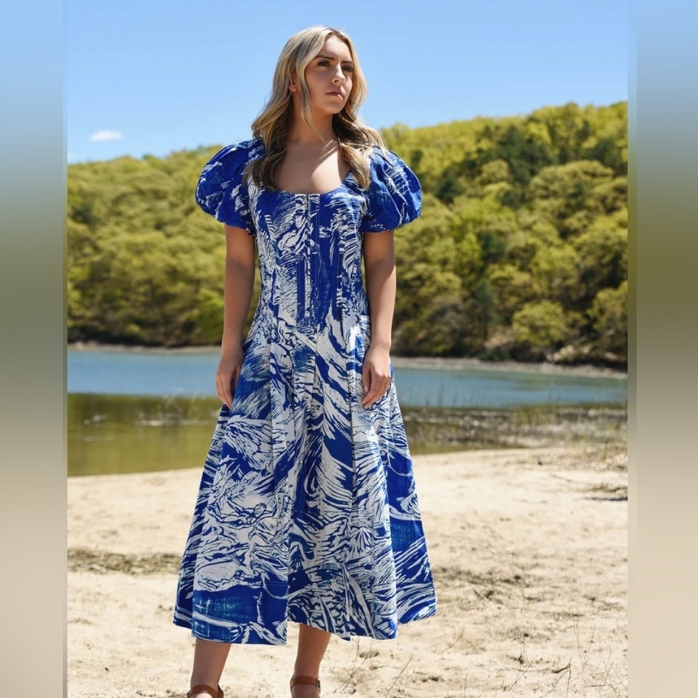 NWT $279 Jessie Zhao Midi Blue and White Dress With Pockets Size 6
